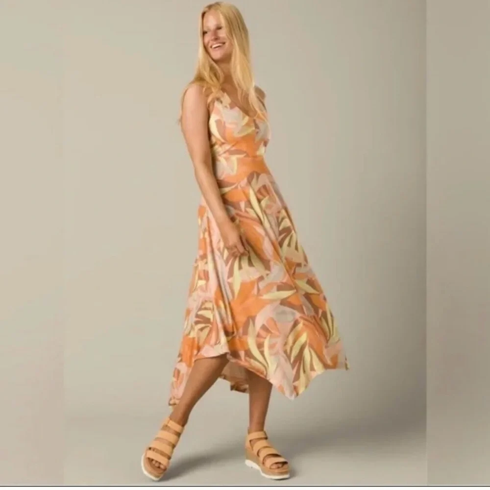 Prana Womens XS Saxon Dress V Neck Orange‎ Sundress